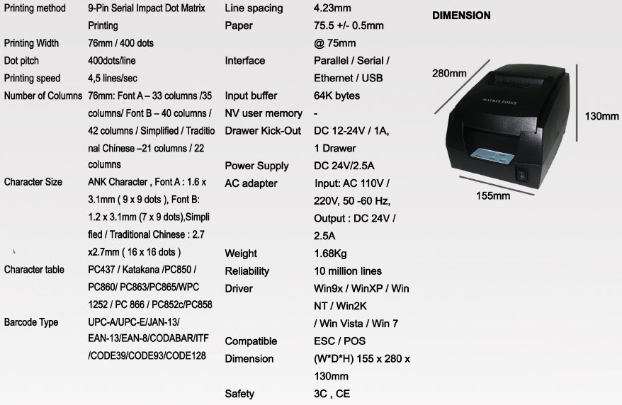 Matrix Point MP-7645 Dot Matrix Recive Printer